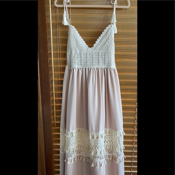 Boho Summer Crochet Maxi Dress, Tassel Adorned, Adjustable Tassel Tie Dress - Picture 9 of 13